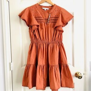 Secret Mission Brown/Orange Elegant Terracotta Flutter Sleeve Midi Dress